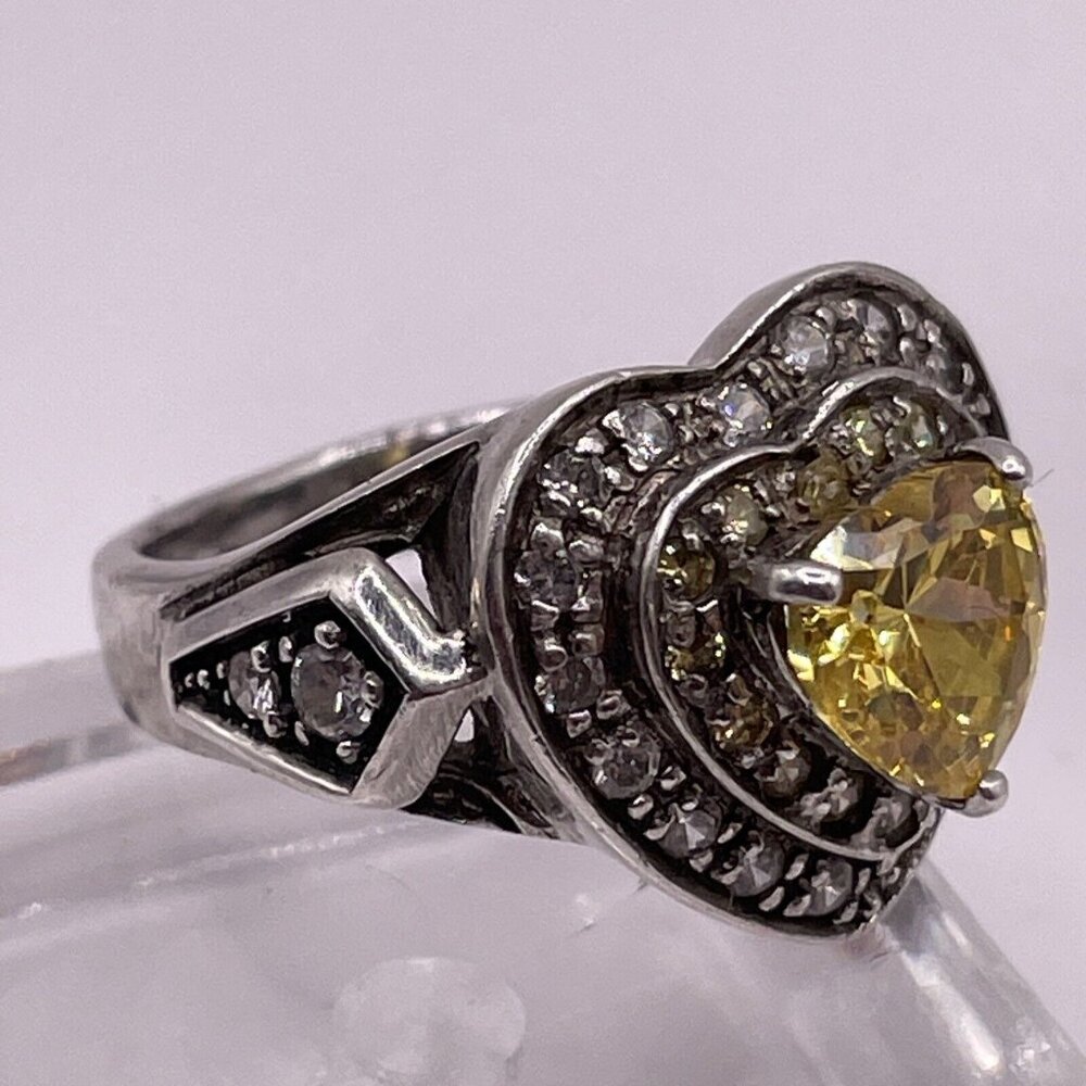 VTG Chunky Sterling Silver 925 Heart Ring Stimulated Citrine Statement Size 8.5